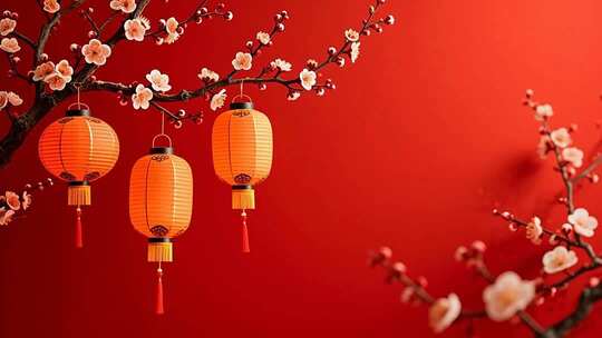 红色背景梅花灯笼装饰画面