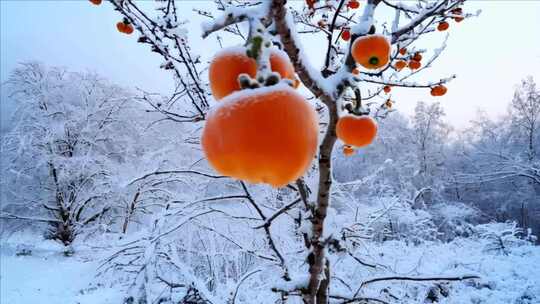 白雪覆盖的树枝上挂满橙色柿子