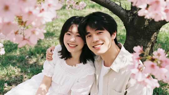 七夕节情侣樱花树下浪漫爱情视频