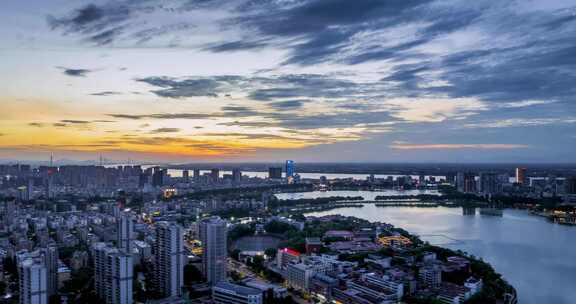 江西省九江市城市美景傍晚航拍延时