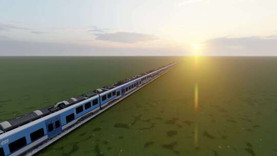 在夕阳下经过草原的高速火车