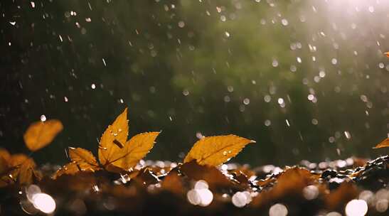秋天的雨落在枯树叶上