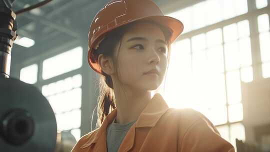 专注女工程师厂房车间里思考