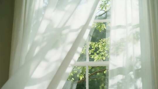 室内窗户白色窗帘随风飘动