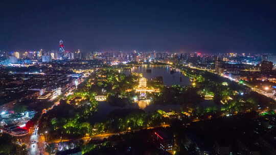 山东济南大明湖历公园历下区航拍城市夜景