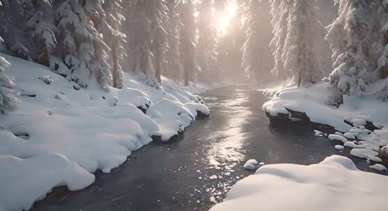 森林里雪天溪流