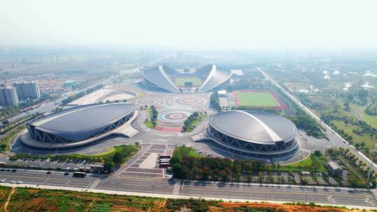 航拍金华市区杭州亚运会体育中心场馆
