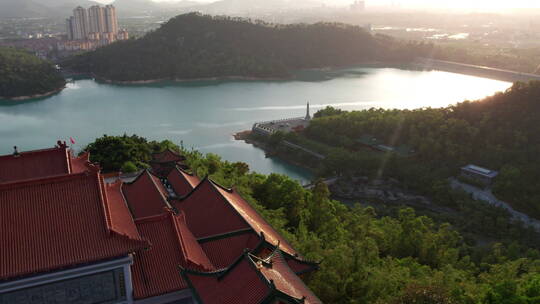 珠海金台寺佛教寺庙夕阳水库航拍视频素材模板下载