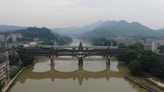 城市航拍少数民族特色建筑风雨桥