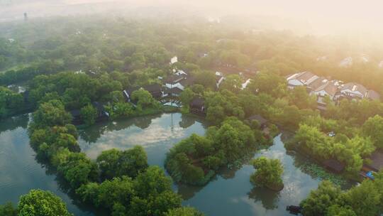 杭州西溪湿地初夏晨雾美景航拍