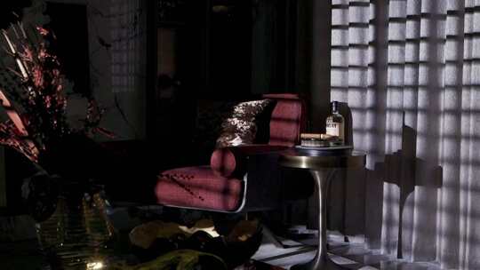 光影样板间房地产，酒与沙发装饰场景