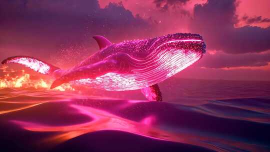 超现实场景 神秘发光巨鲲飞舞鲸鱼翱翔天际