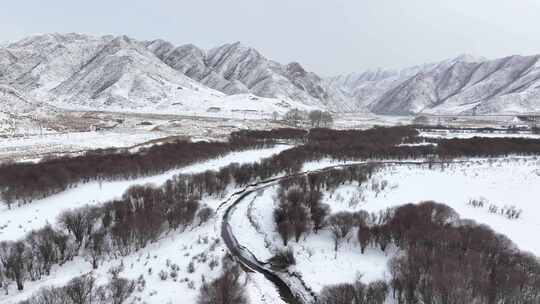 冬季树木雪山河流雪景航拍