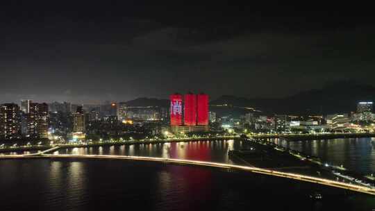 珠海夜景航拍海滨城市情侣中路夜晚建筑风光