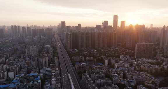 夏日黎明航拍成都市风景日出景观