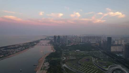 山东日照城市夕阳晚霞日落航拍