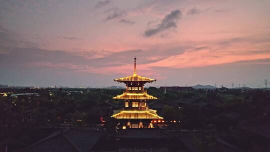 航拍广富林文化遗址古陶艺术馆高塔建筑灯光