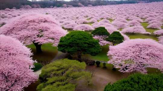 大片盛开的粉色樱花树俯瞰全景