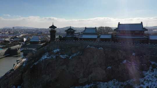 航拍冬天蓬莱阁雪景