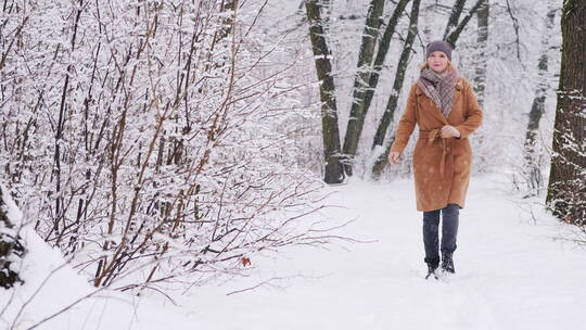 女人独自走在冬季公园里