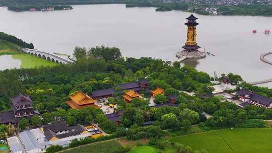 江苏省泰州溱湖景区古寿圣寺航拍视频素材模板下载