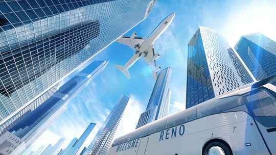 雷诺飞机降落城市摩天大楼，巴士上有欢迎标