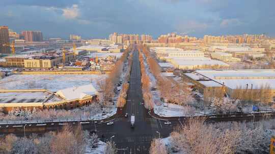 冬季航拍哈尔滨大雪中的城市道路和建筑