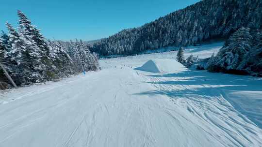 滑雪场雪景森林雪地树林蓝天白云FPV航拍