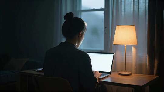 商务女士加班夜晚剪影职场人物工作场景