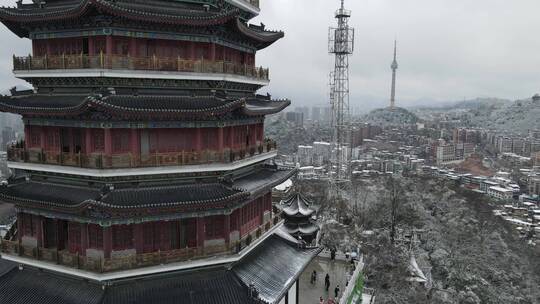 贵阳冬季下雪城市东山山体公园东山寺航拍