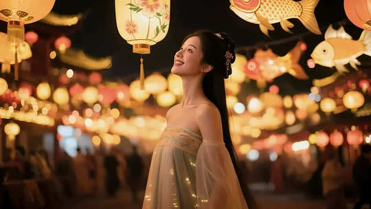 古装女子赏灯会场景