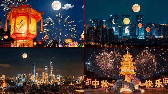 中秋节中秋月亮赏月万家灯火中秋佳节团圆