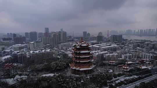 【航拍】武汉黄鹤楼雪景航拍素材