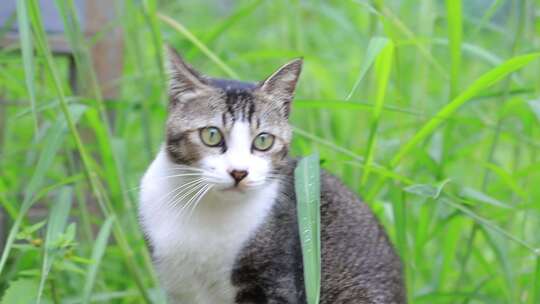 狸花猫特写，狸花猫吃草特写，中华田园猫