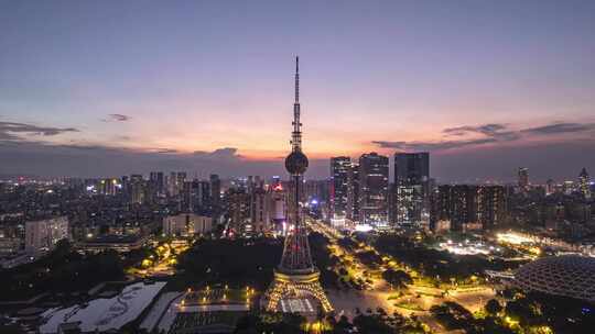 佛山电视塔日落晚霞夜景航拍延时