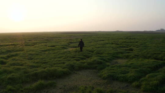 黄昏摄影师行走在草原逆光唯美航拍