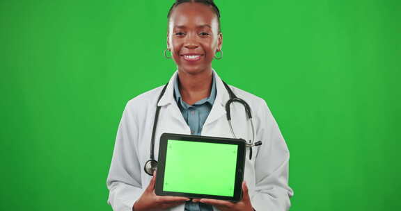 医生、绿屏模型或黑人女性与平板电脑进行营