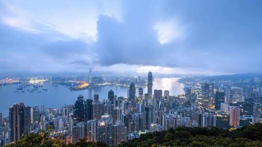 香港维多利亚港CBD中环日出高空延时