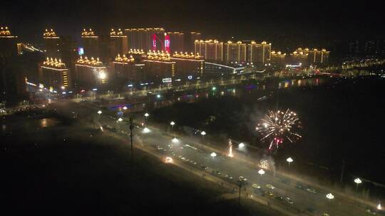 中国北方城市元旦跨年新年春节烟花夜景航拍