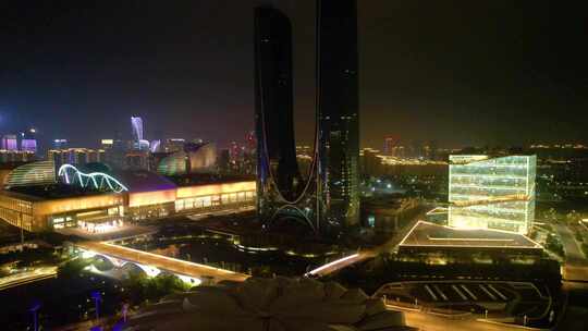 杭州滨江奥体中心杭州之门夜景航拍