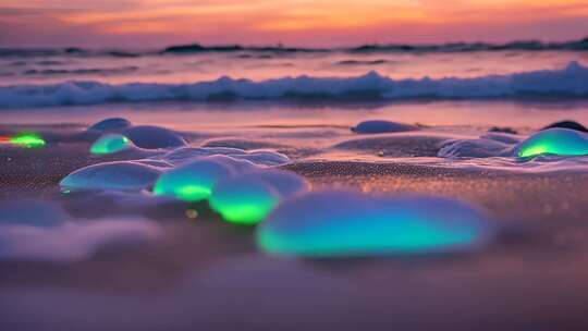 海滩夜光泡沫日落景象