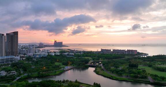 5K航拍夕阳下的海口沿海岸合集