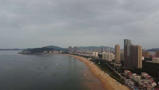 航拍山东威海沿海城市日出日落场景