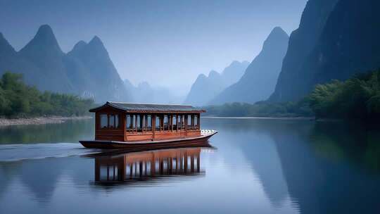 漓江山水画卷中静谧航行的古典游船