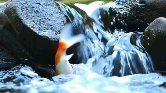 小溪流中锦鲤游动跃出水面