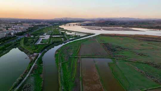 航拍宁夏石嘴山夕阳下的黄河湿地石嘴子公园视频素材模板下载