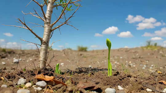 小树苗破土而出发芽生长