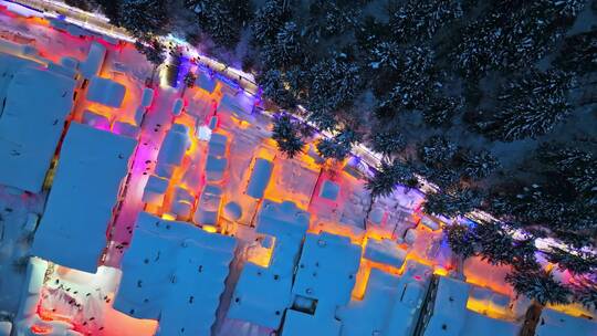 《4K超清》中国雪乡夜景航拍童话世界视频素材模板下载
