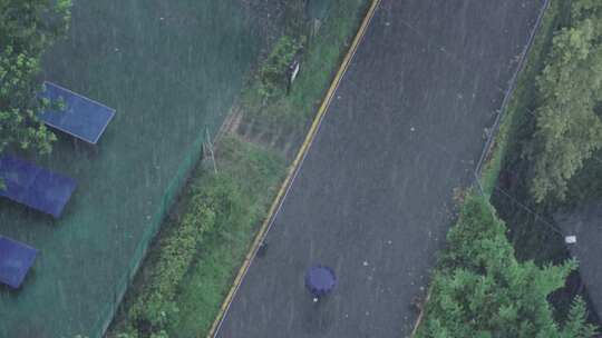 女子在暴雨天打雨伞在小区里的行走