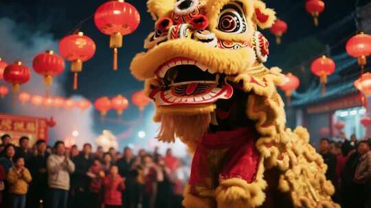舞狮表演现场人群灯笼环绕